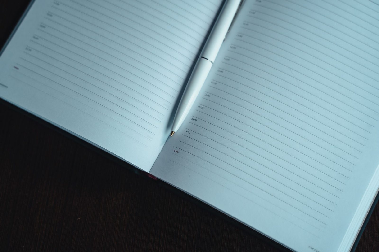Ahşap bir masada açık duran boş bir defter ve üzerine bırakılmış kalem; on dört gün tutulacak kısa notların sade temsili