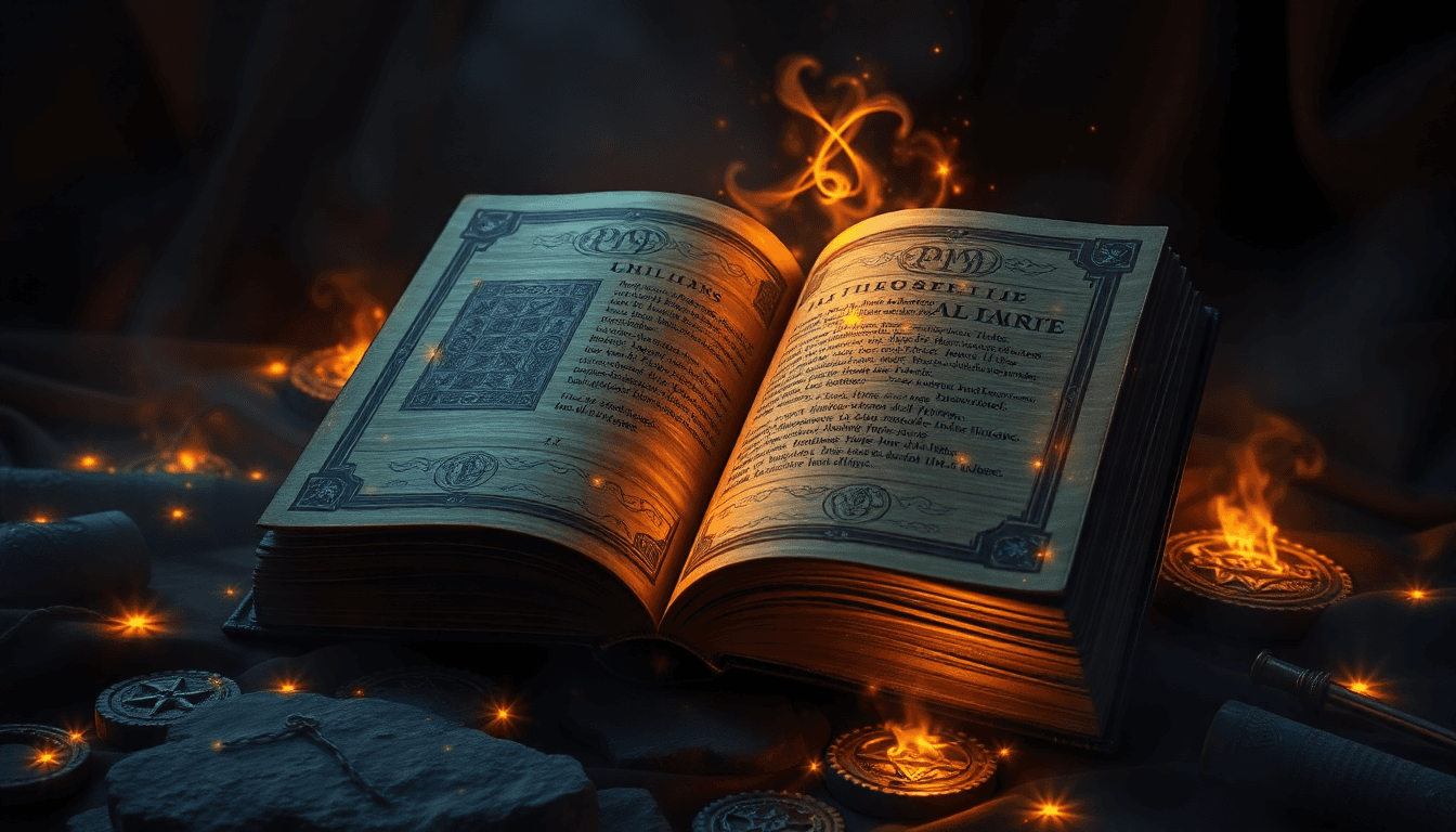 A mystical ancient book glowing with magical symbols