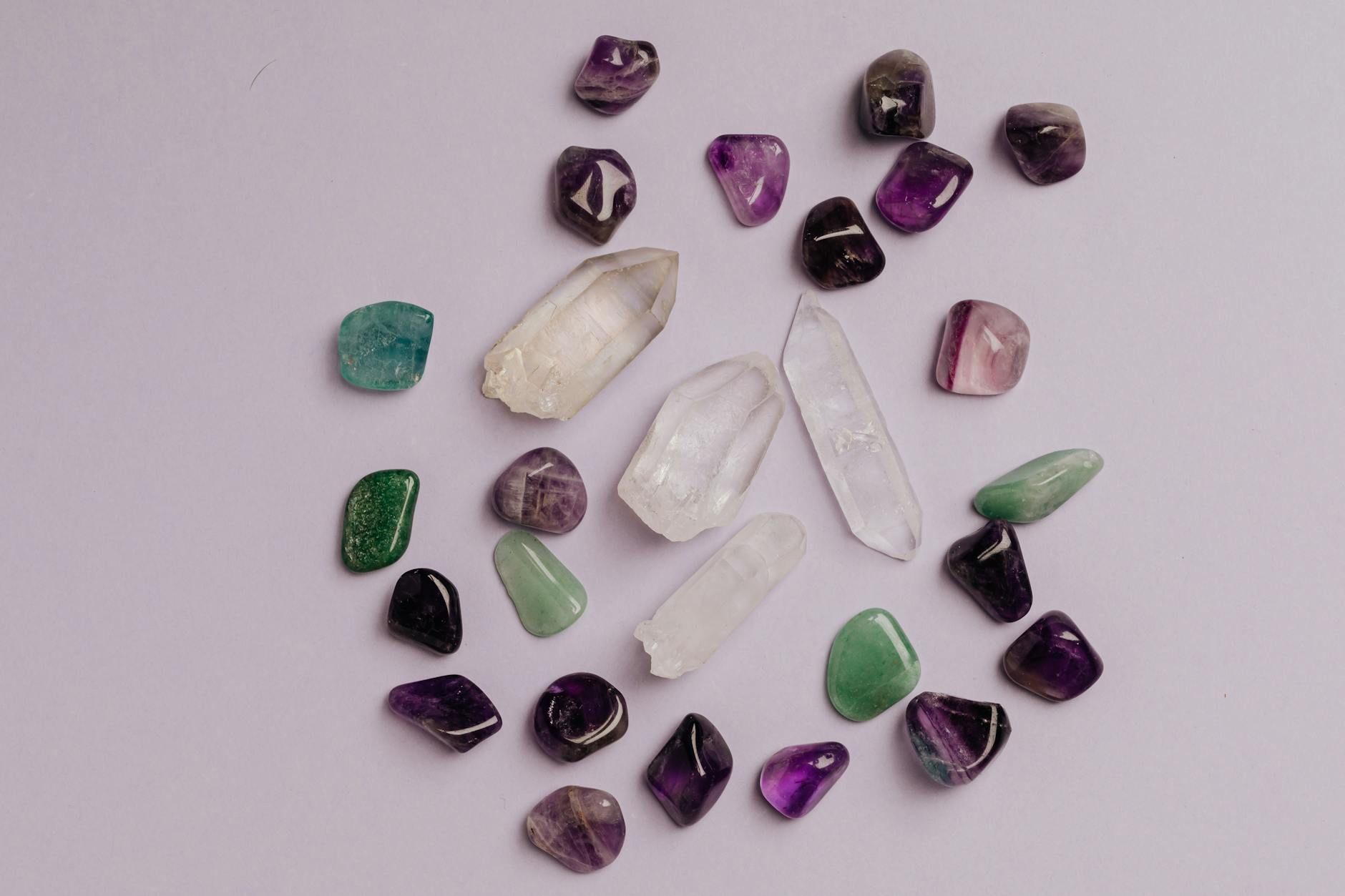 An arrangement of healing crystals used in energy healing practices
