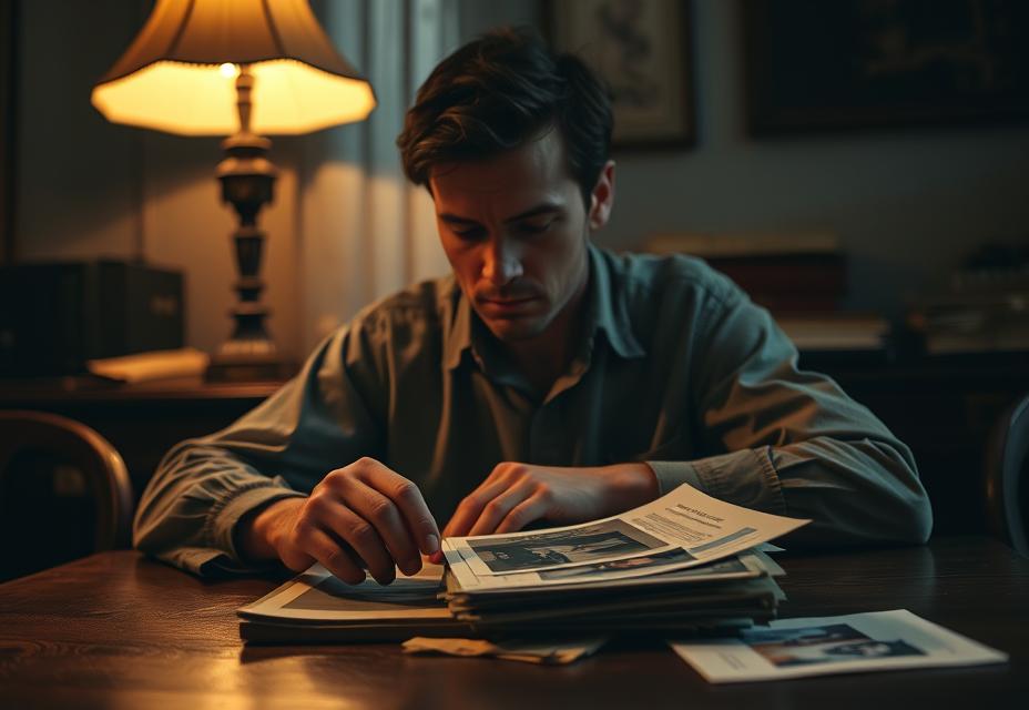 A person looking thoughtfully at old photographs, considering past connections