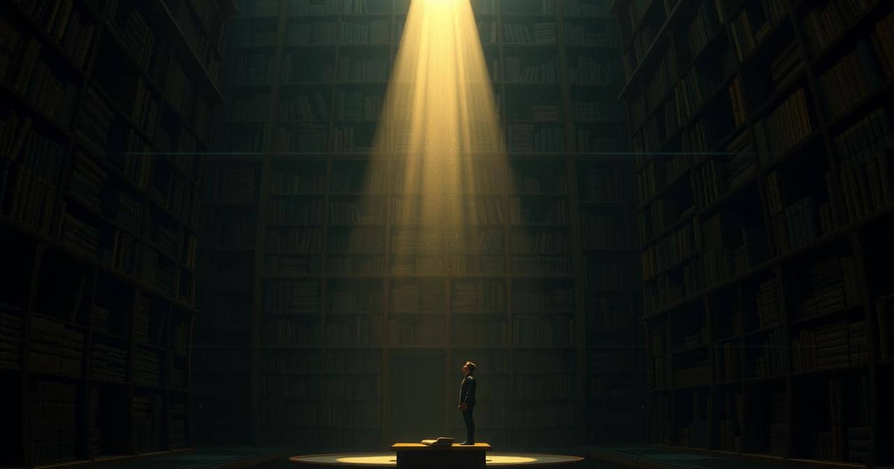A lone figure standing in a vast dark library under a shaft of golden light — hermetic principles operational guide