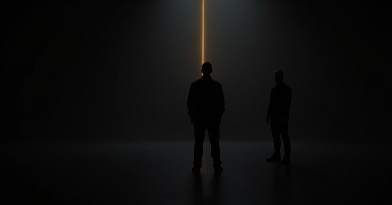 A faint glowing line stretching between two silhouetted figures standing apart, representing an energetic connection