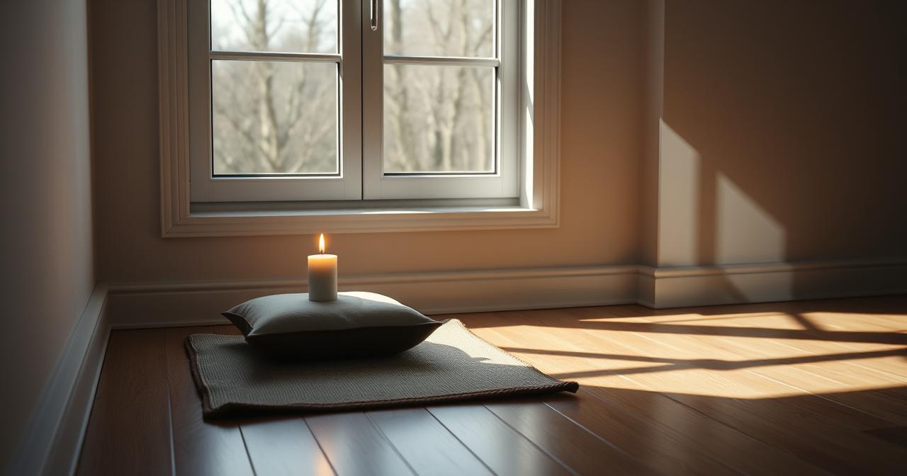 A single candle on a meditation cushion by a window in calm morning light