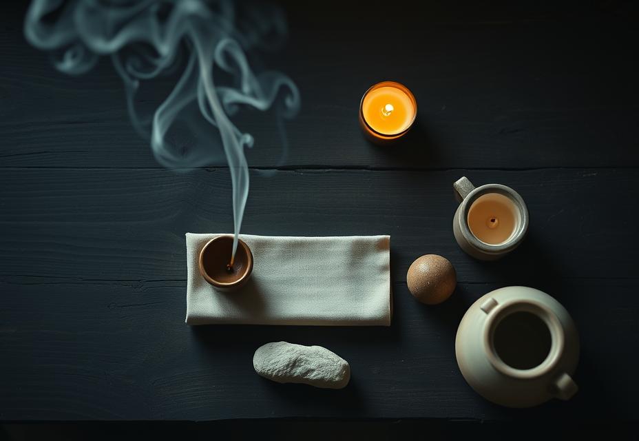 A ritual altar with a bowl, folded cloth, and sealed vessel arranged in place — the physical setup that requires a sealing step to complete the energetic circuit